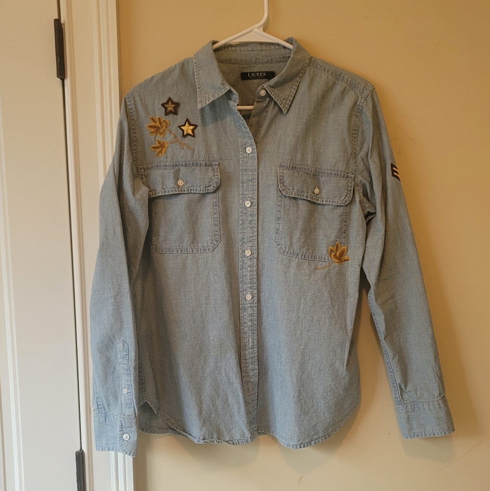 Ralph Lauren Light Blue Denim Military Patch Long Sleeve Button Cotton Shirt